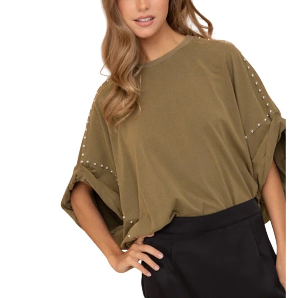 Studded Oversized Top L Green Cotton Edgy Lagenlook Punk Rock Military Grunge